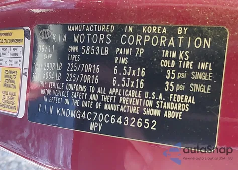 2012 Kia Sedona Lx from USA, damaged, VIN KNDMG4C70C6432652